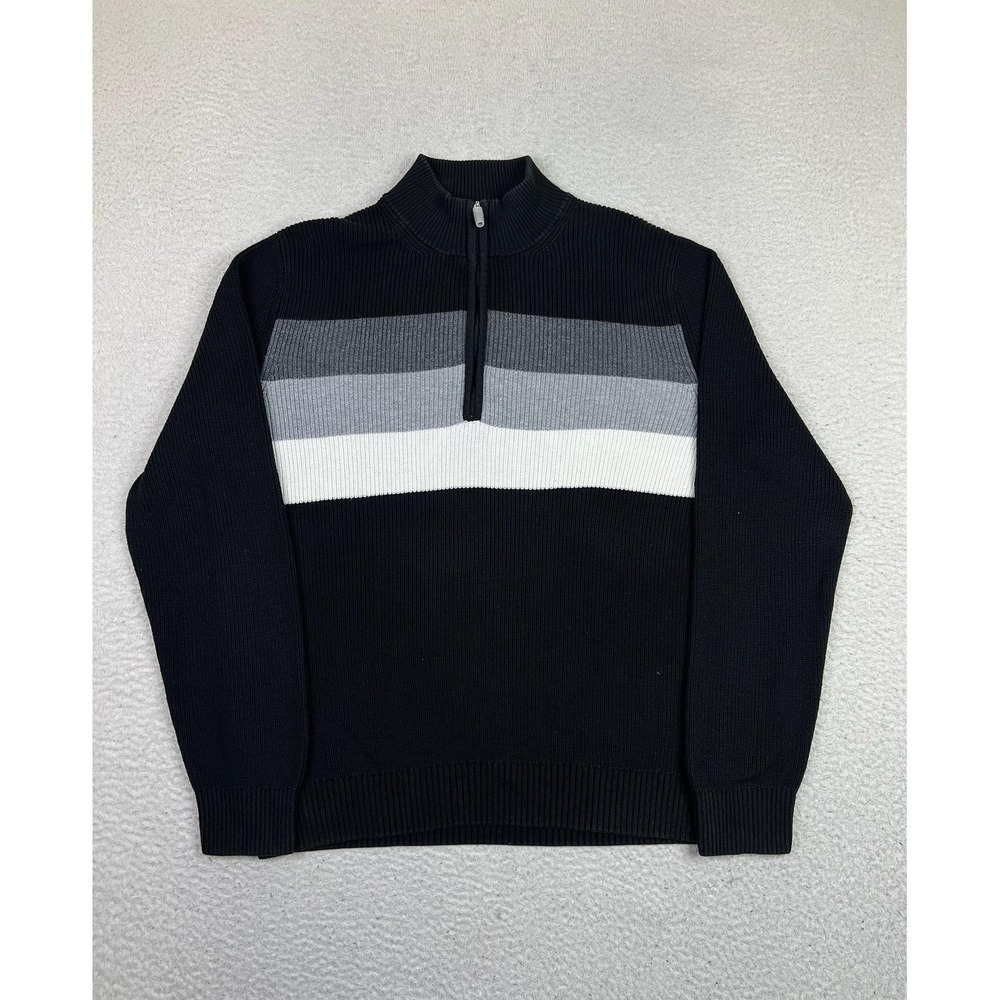 IZOD Mens Large Black Cotton Mock Neck 1/4 Zip Striped Pullover Sweater‎ 45FS505